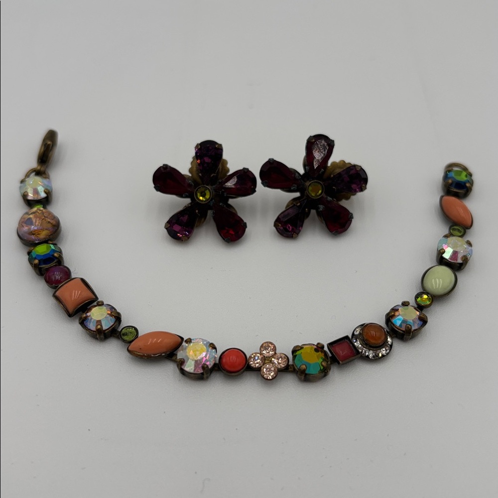 Vintage Sorrelli Crystal Bracelet & Earring Set – Multicolor Brass